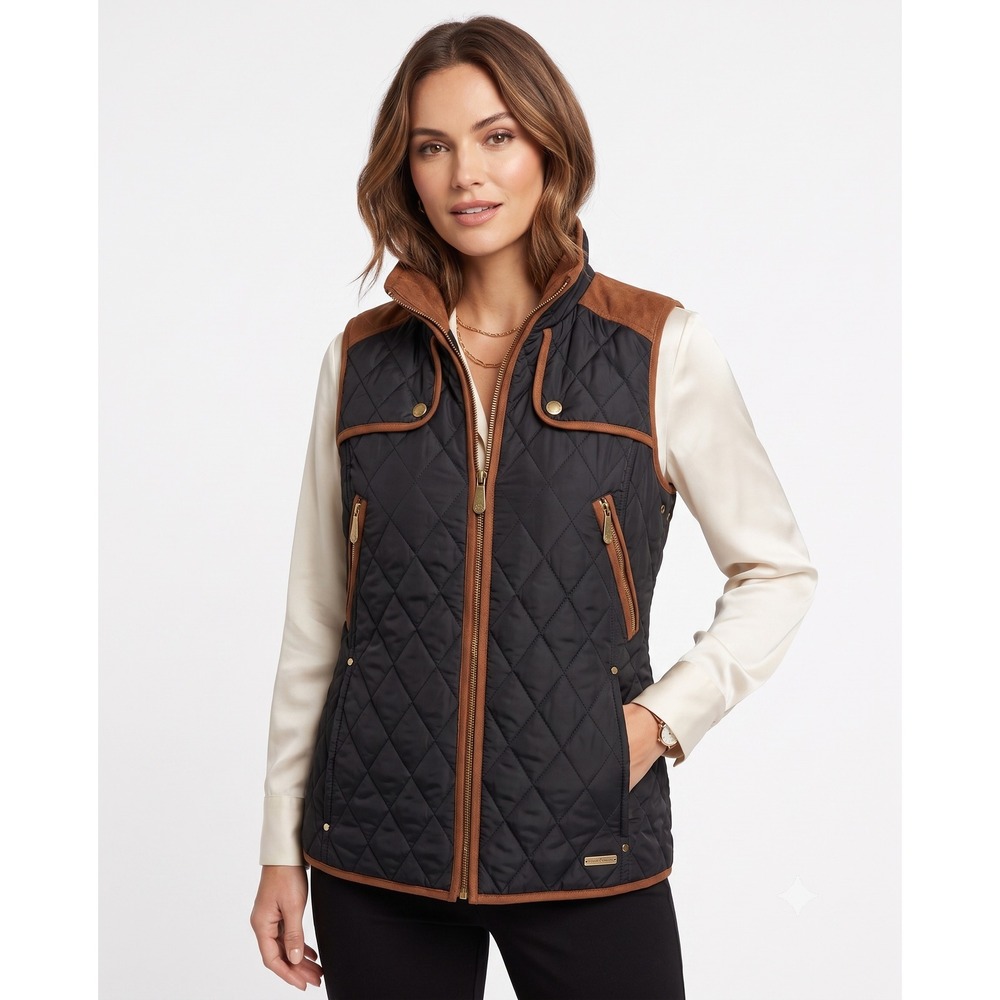 Vince Camuto Quilted Vest Navy Blue Faux Suede Trim Gold Hardware - Medium